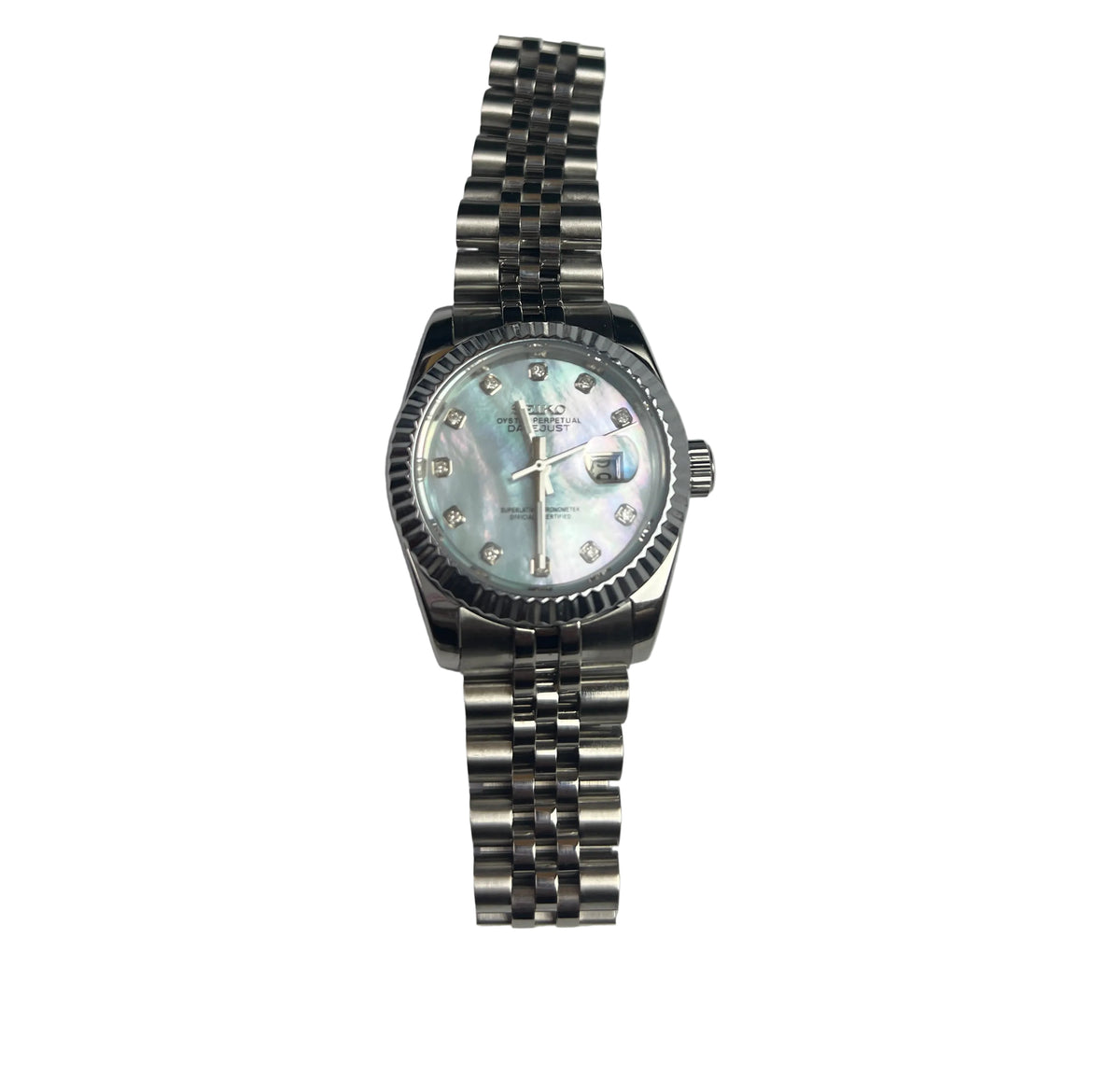 Seiko Mod Datejust featuring an ice-blue sunburst dial with 11 crystal/diamond indices 31mm
