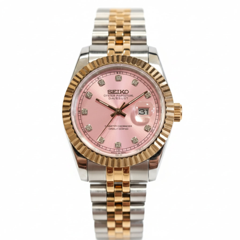 Seikomods Datejust Pink Dial Rose Gold Mother of Pearl 11 Diamonds 31mm