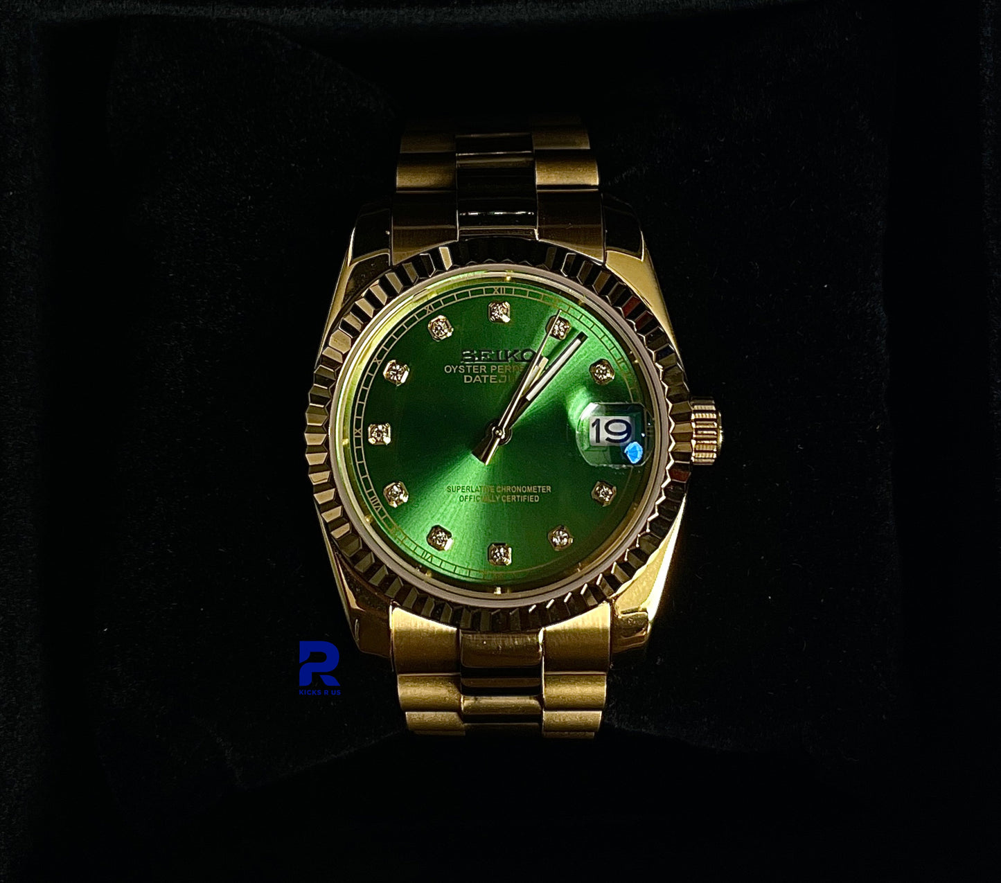 SEIKOMODS DATEJUST SOLID YELLOW GOLD 'GREEN DIAL' 11DIAMONDS