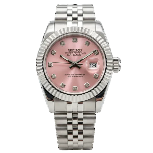 Seikomods Datejust Stainless Mother of Pearl Dial 11 Diamonds Pink Dial 31mm
