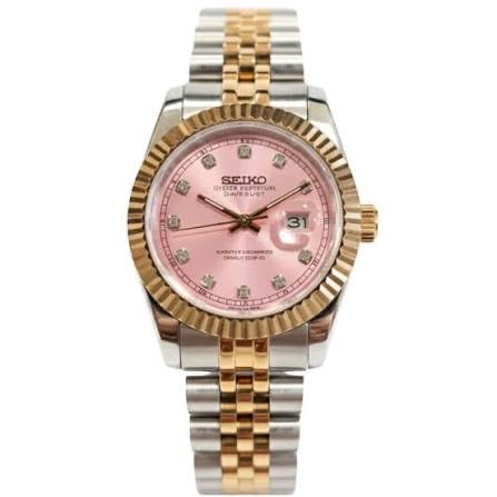 Seikomods Datejust Two-tone Rose Gold Mother of Pearl 11 Diamonds Pink Dial 31mm