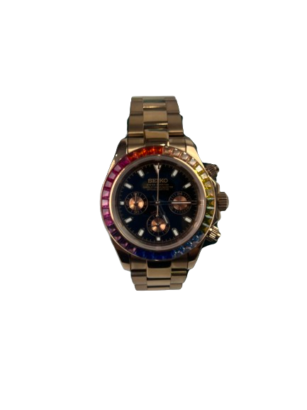 Seikomods Daytona Rainbow Rosegold Finish Multicolored Gemstone Bezel 40mm