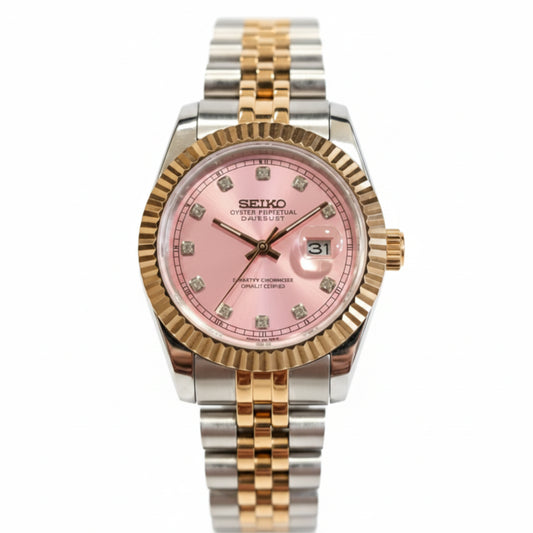 Seikomods Datejust Pink Dial Rose Gold Mother of Pearl 11 Diamonds 31mm