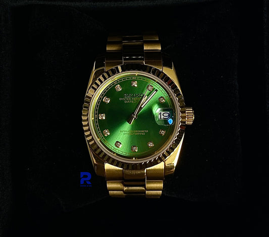 SEIKOMODS DATEJUST SOLID YELLOW GOLD 'GREEN DIAL' 11DIAMONDS