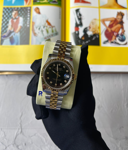 SEIKOMODS DATEJUST TWOTONE YELLOW GOLD BLACK DIAL 11 DIAMONDS