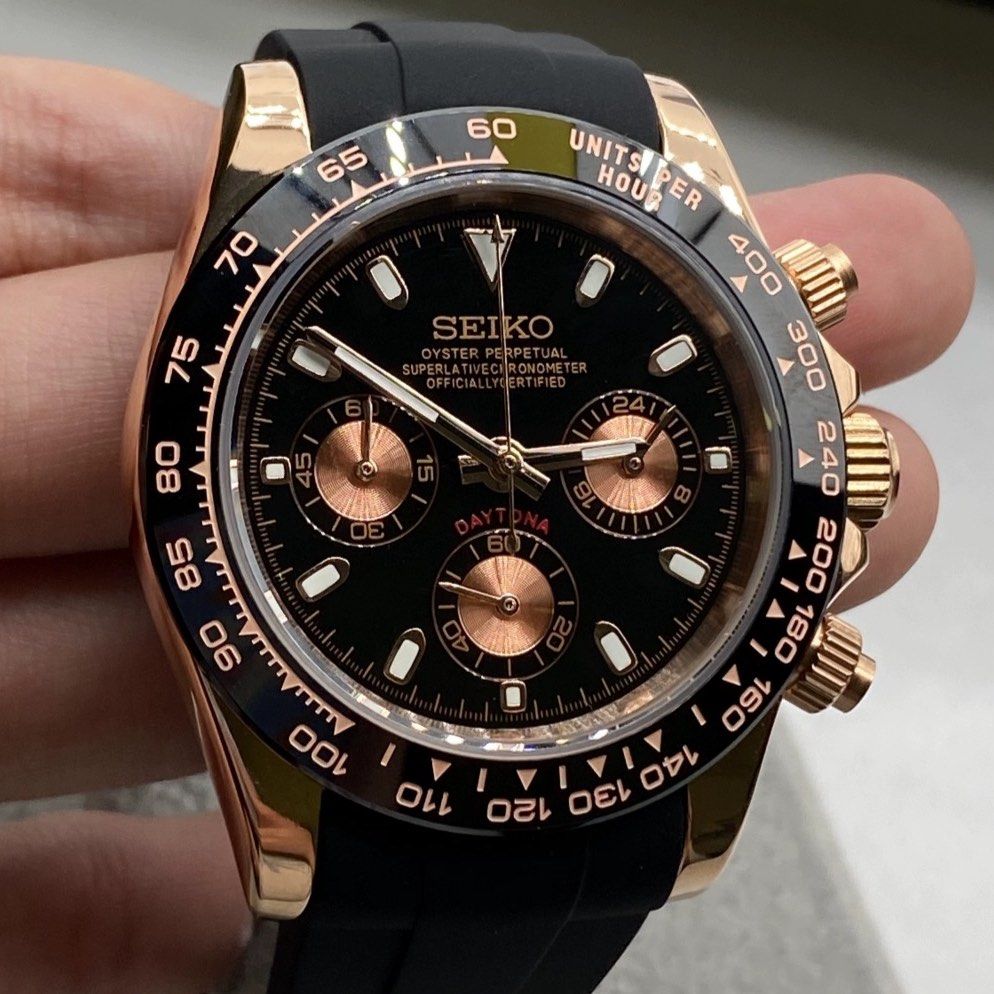 seikomods cosmograph daytona 40mm rosegold oysterflex black dial